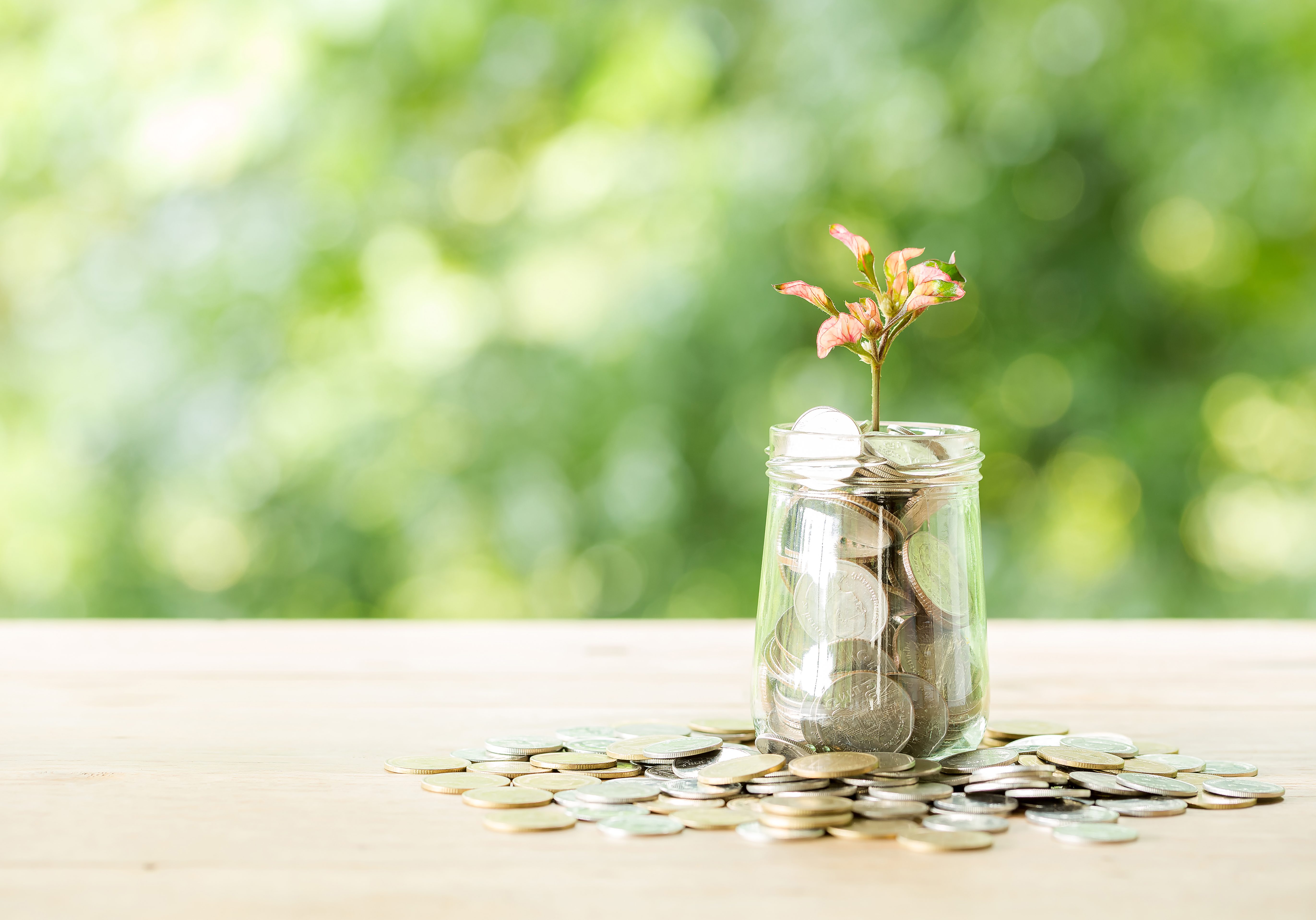 Coin on wooden table in front of green bokeh background. coins a concept of investment and saving moneys.