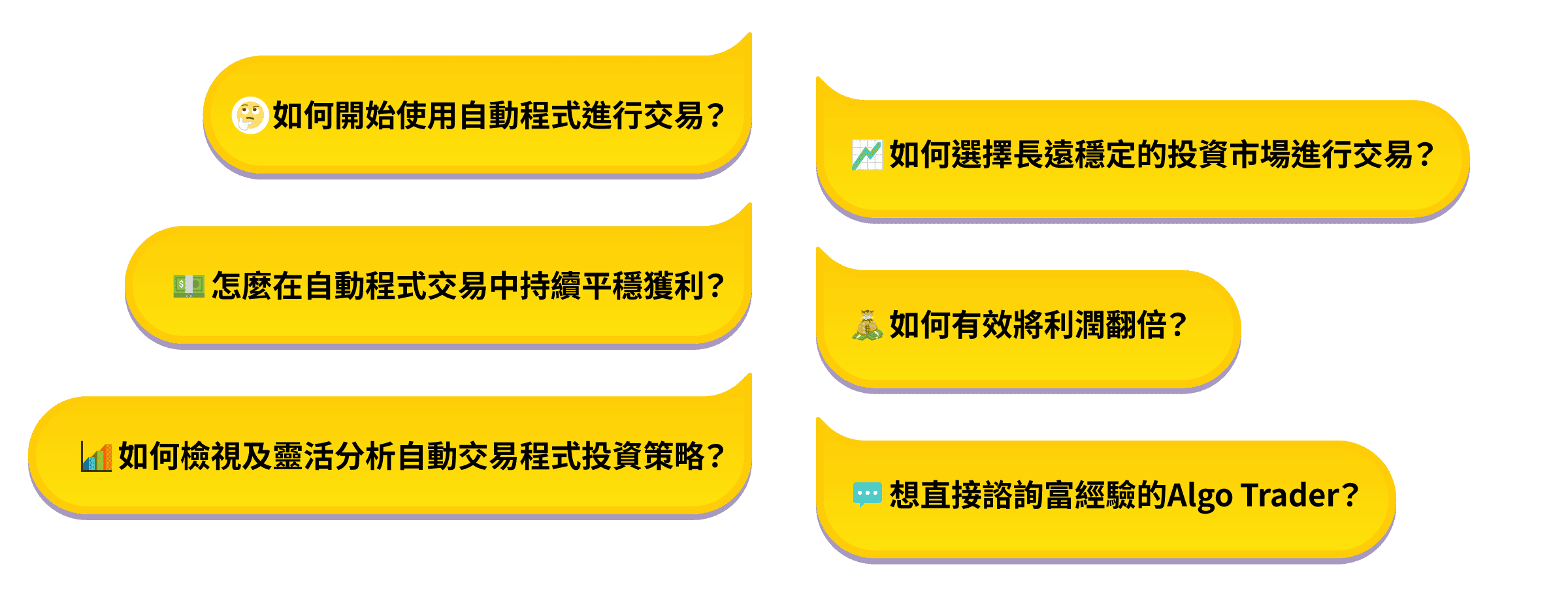 如何開始使用自動程式進行交易? 如何選擇長遠穩定的投資市場進行交易? 怎麼在自動程式交易中持續平穩獲利? 如何有效將利潤翻倍? 如何檢視及靈活分析自動交易程式投資策略? 想直接諮詢富經驗的Algo Trader?